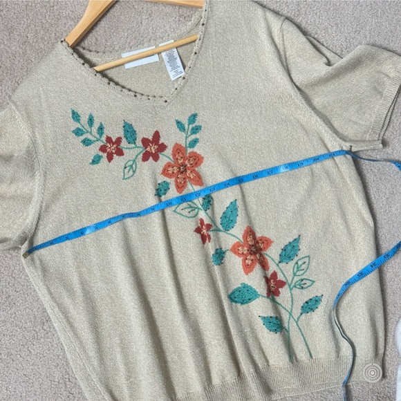 Alfred Dunner Sweater Short Sleeve Cotton Blend Fall Flower Embellished Size XL - Picture 10 of 12